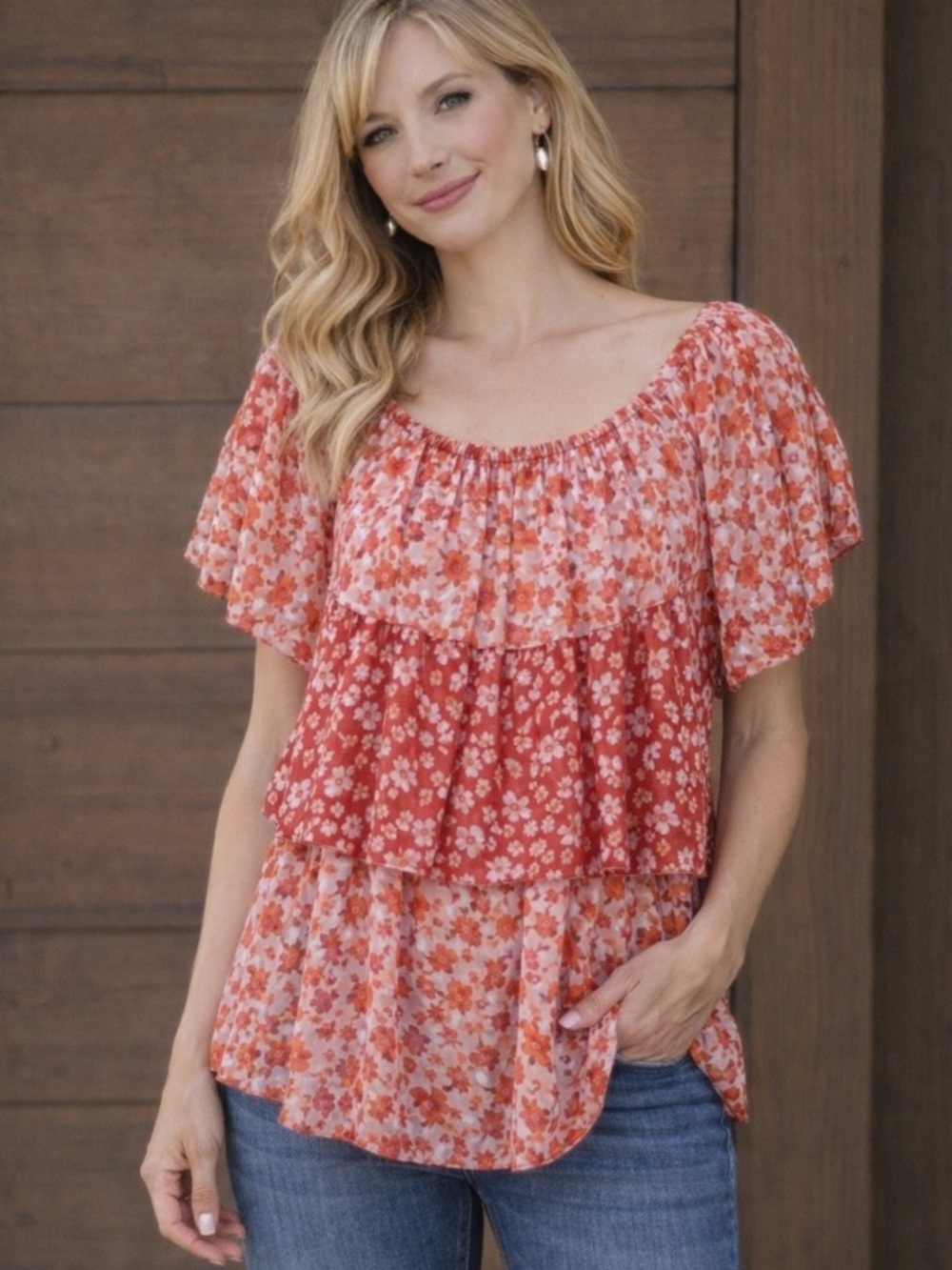 🌸 Boho Floral Peasant Top Blouse Women’s L Red Tiered Festival Summer Bohemian - Picture 2 of 6